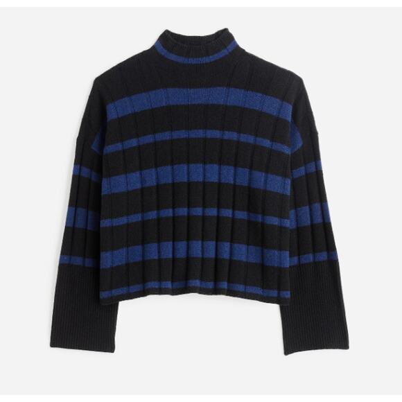 Madewell Ribbed Cashmere-Wool Blend Pullover Sweater XL Cobalt Stripe Mock Neck - Picture 1 of 6